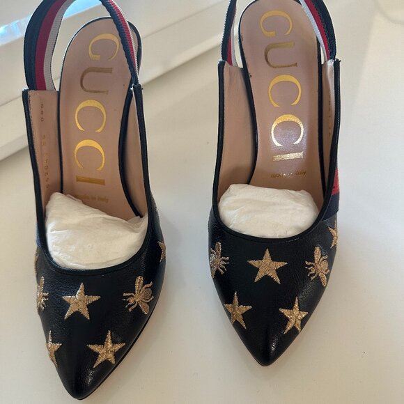 Never worn Gucci Black Leather Bee & Star Embroidered Slingback Web Pumps US 6 - Picture 2 of 4